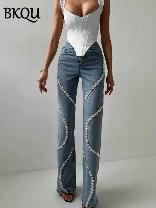 BKQU Rhinestone Straight Jeans Women 2025 Spring New Trendy Loose High Waist Denim Pants Chic Surround Diamond Y2k Unique Jeans