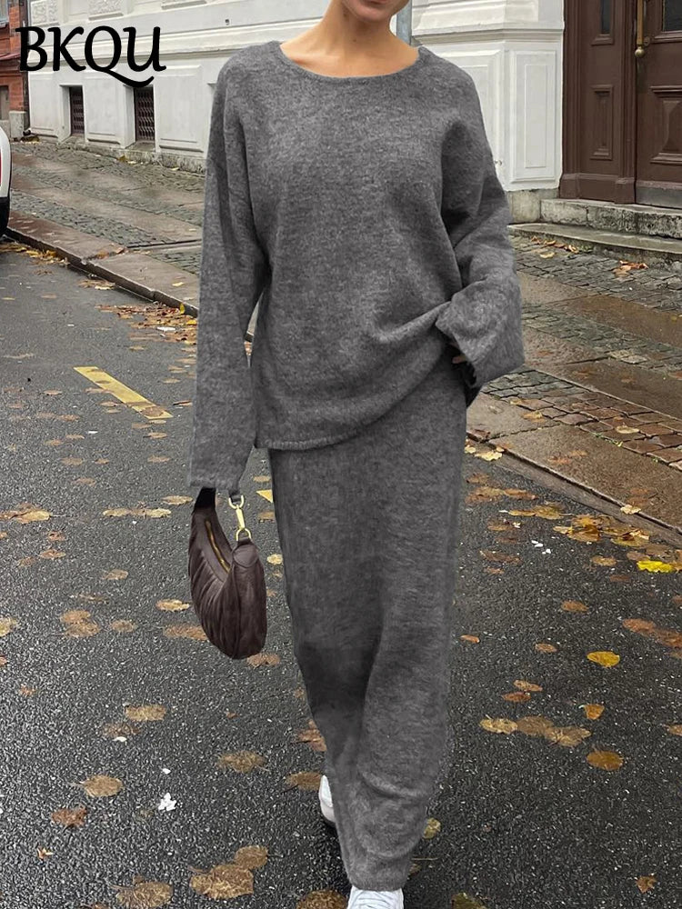 BKQU Casual Knitted Women's Two Piece Sets Long Sleeve Backless Pullover Sweater Elastic Slim Maxi Skirts 2024 Winter Lazy Suits