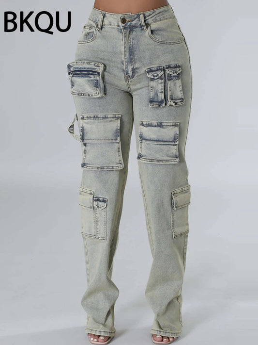 BKQU Fashion Multi-pocket Jeans Women Streetwear Retro Hip-hop Straight High Waist Denim Trousers Zipper Wash Casual Cargo Pants