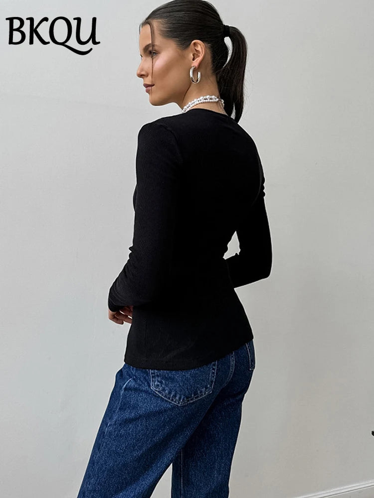 BKQU Sexy Hollow Out T Shirt Woman Black Long Sleeve Ribbed Tee Tops Autumn Casual Slim O Neck Button Streetwear T-shirt 2024