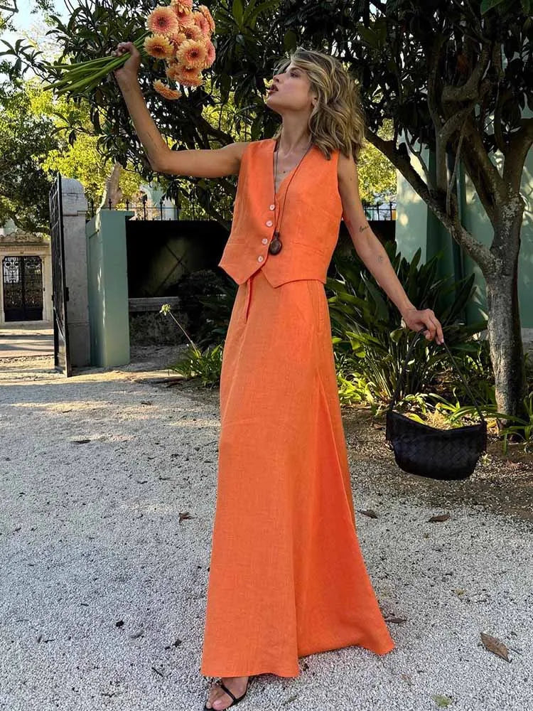 BKQU Cotton Linen Elegant Waistcoat Long Skirt Sets Womem Summer V-neck Sleeveless Top Casual Loose Dress 2 Piece Holiday Outfit