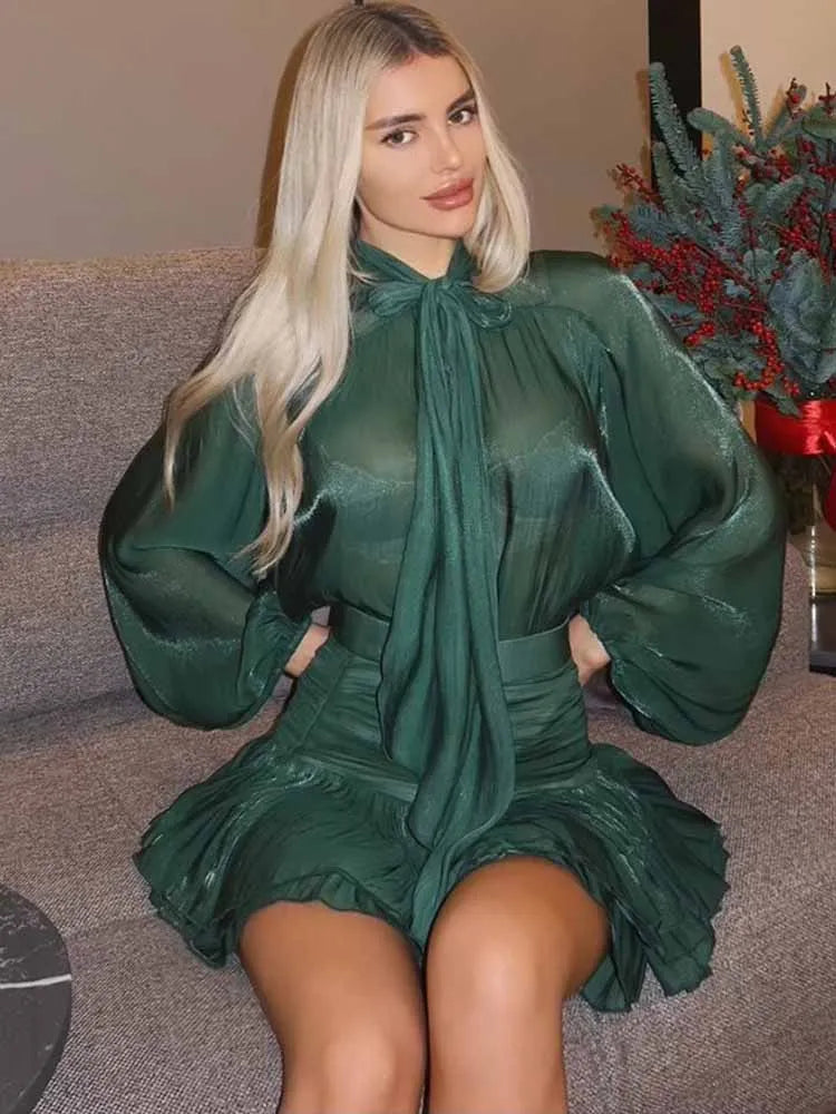 BKQU Elegant Lace Up Shirts Women Ruffles Skirt Sets Fashion Loose Full Sleeve Blouse Pleated Mini Skirts 2 Pieces Lady Outfits