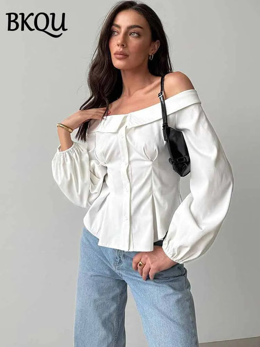 BKQU Elegant Off Shoulder Women Lantern Sleeve Shirt Tops White Slim Single Breasted Ruched French Blouse 2025 Spring Streetwear