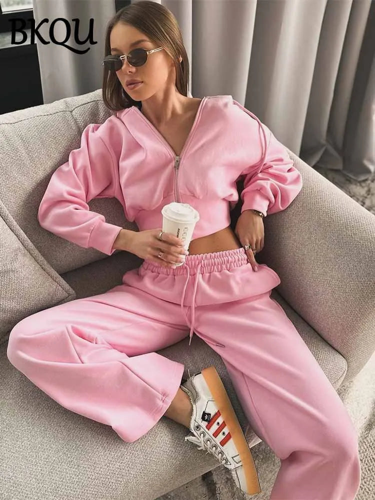 BKQU Casual Hoodies Tracksuit Women Pants 2 Piece Set Long Sleeve Zipper Sweatshirt Loose Drawstring Jogger Trouser Sports Suit