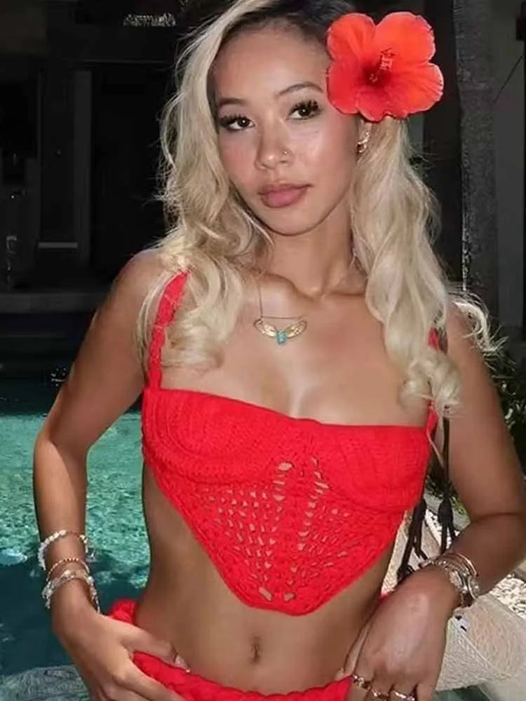 BKQU Crochet Knit Skirts Set Women Sexy Hollow Out Lace Up Crop Tops Hip Package Split Long Skirt Elegant 2 Pieces Beach Outfits