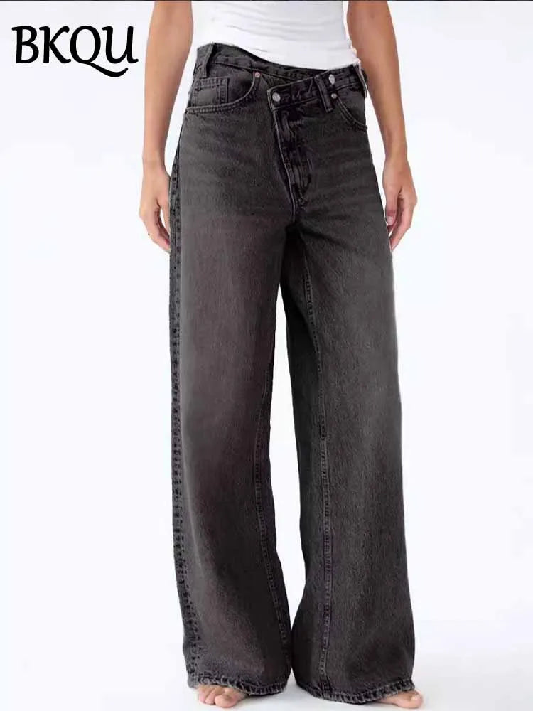 BKQU 2024 American Wide Leg Jeans Women Black High Waist Straight Diamond Rhinestone Baggy Denim Long Pants All-match Streetwear