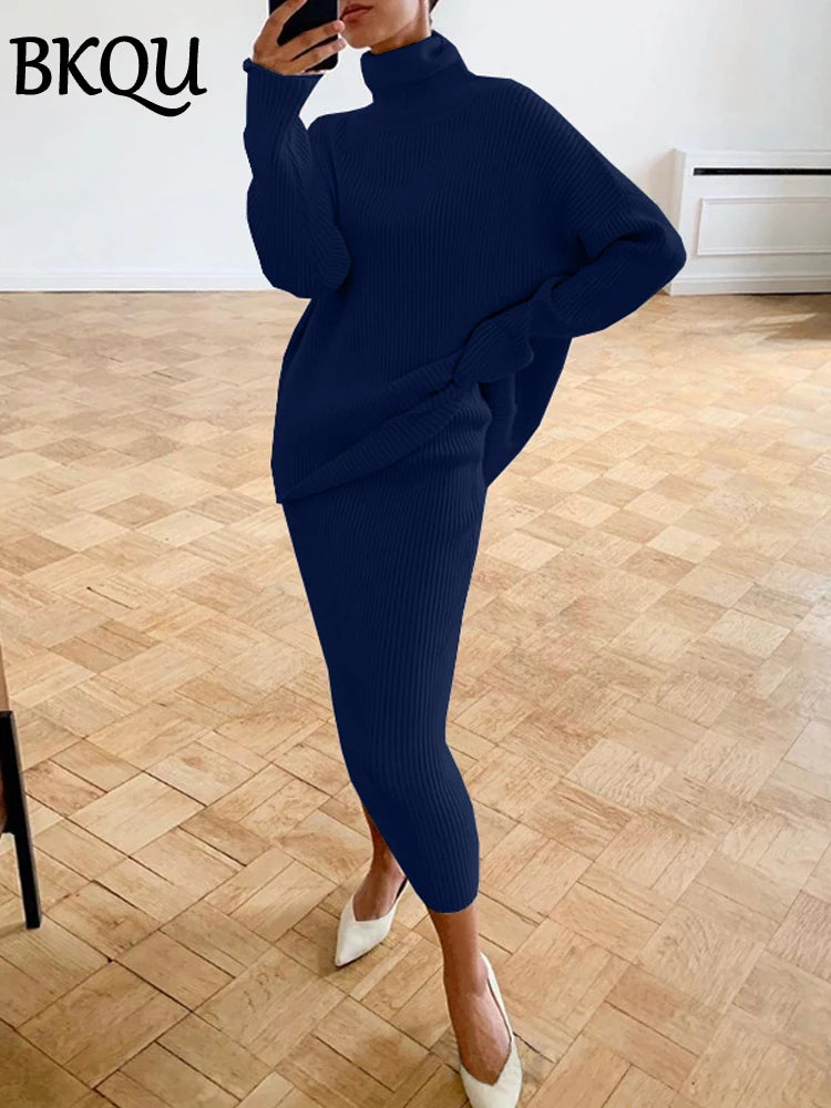 BKQU Knitted Turtleneck Sweater and Long Skirt Two-Piece Set Women Elegant Autumn Winter Knitwear Dress Outfits 2024