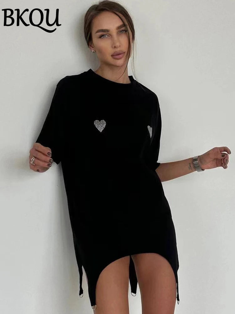 BKQU Summer Hot Diamond T Shirt Women Loose Streetwear Printed Short Sleeve Fashion Rhinestone O-neck Cotton Oversize Tees Tops