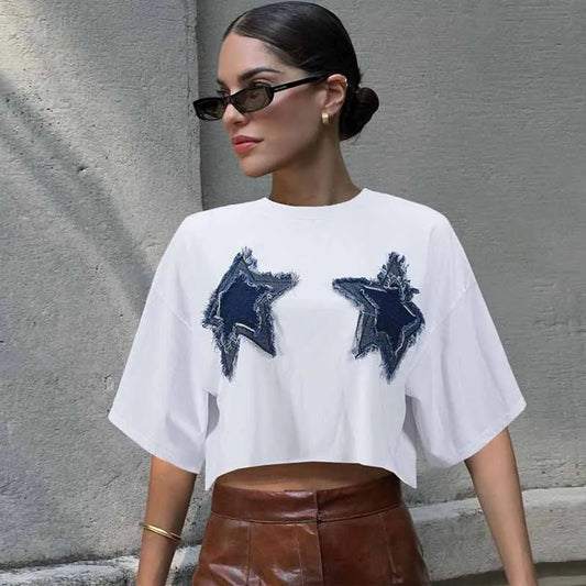 BKQU Casual Y2k Long Sleeve Crew Neck T Shirt Women Fashion Star Graphic Patchwork White Crop Tops 2025 Harajuku Streetwear Tees