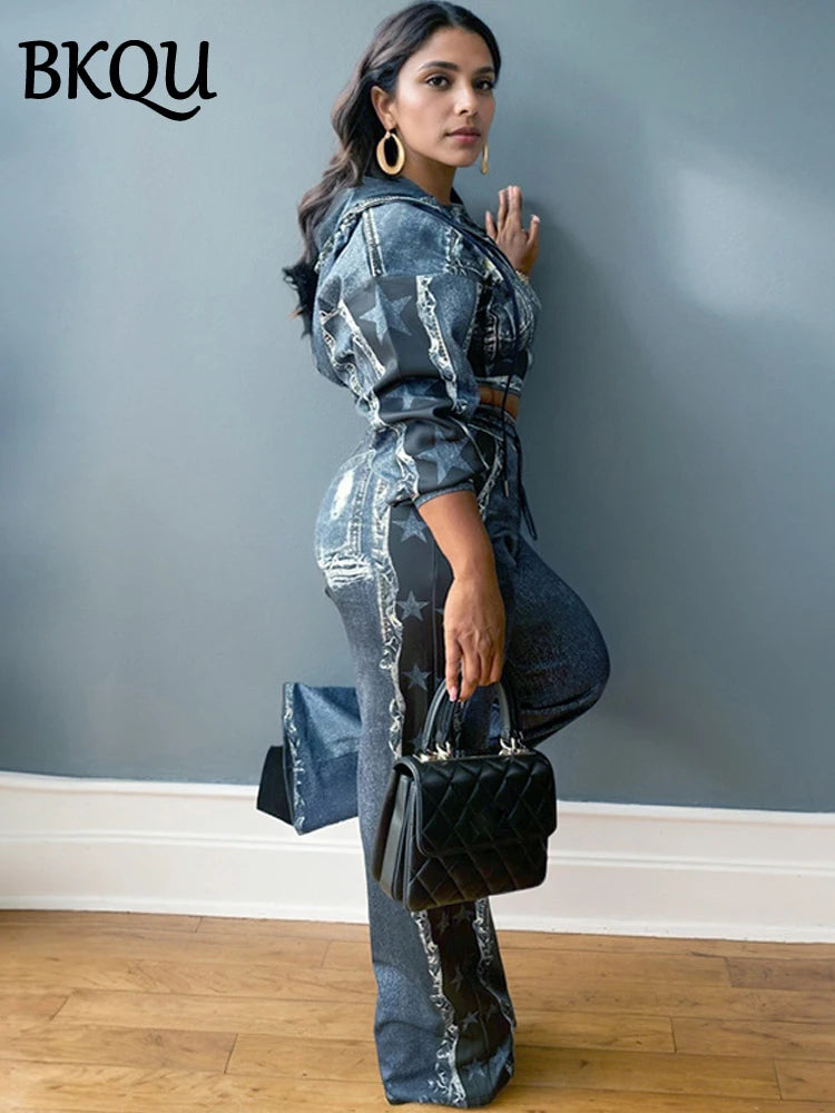 BKQU Printed Fake Denim Women Pants Suit Hooded Cardigan Zipper Jacket and Wide Leg Pants Two Piece Sets Fashion Retro Outfits