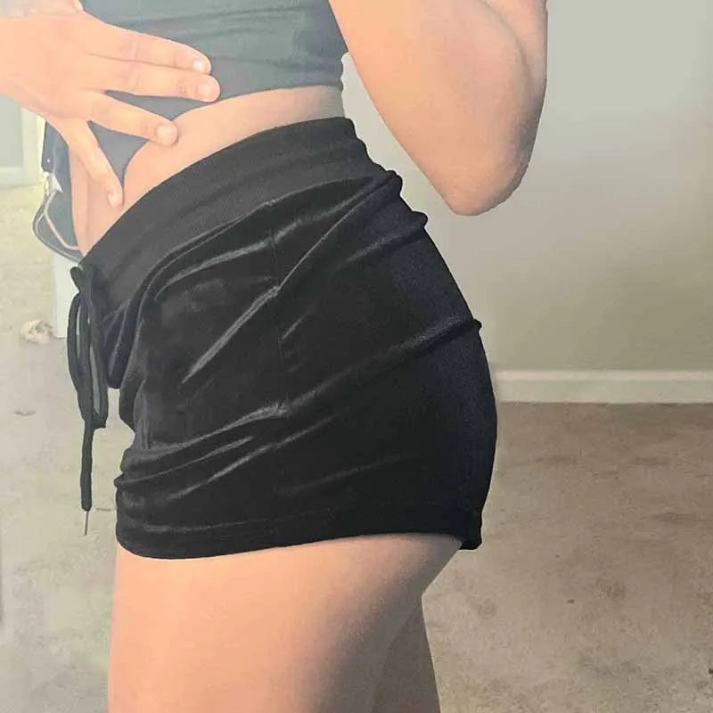 BKQU Velvet Y2k Shorts Women Star Rhinestone Black Drawstring Casual Shorts Low Waist Elastic Spicy Girl 2025 Fashion Streetwear