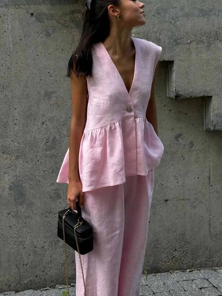 BKQU Fashion Pink Cotton Linen 2 Piece Set Women Summer V-Neck Sleeveless Tank Top High Waist Casual Wide Leg Pants Suits 2025