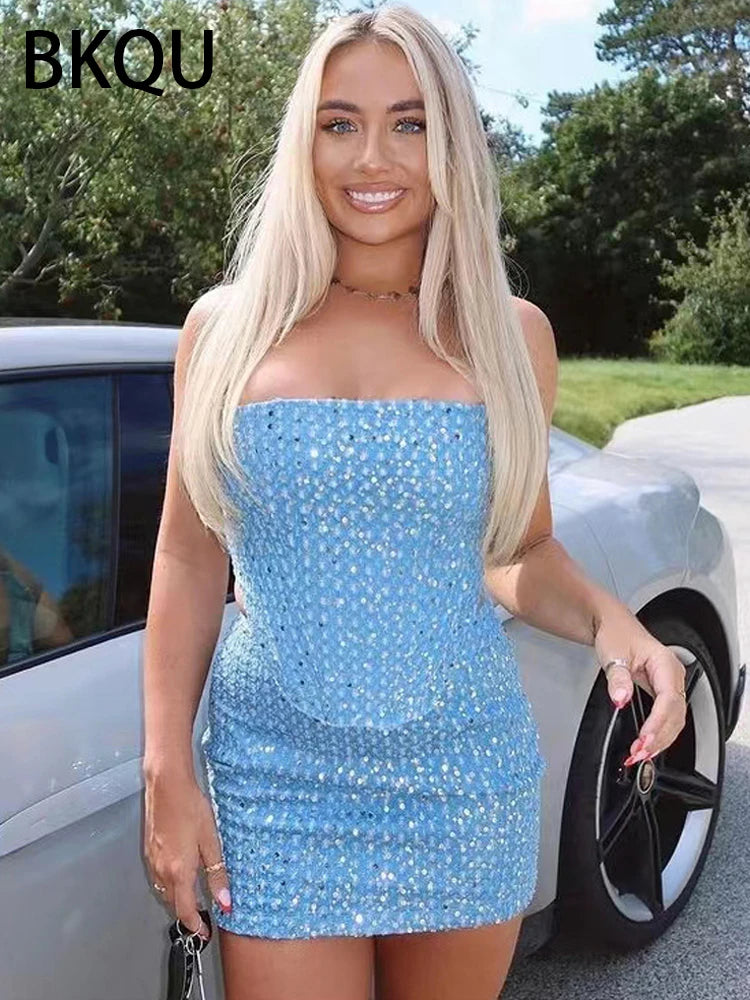 BKQU Sequins Denim Two Piece Skirts Sets Women Strapless Zipper Tube Top and Mini Skirt Y2k Sexy Party Club Outfits 2024 Spring