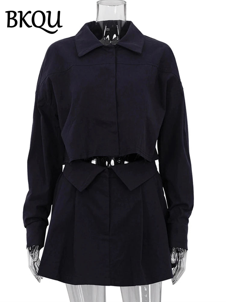 BKQU Fashion Women's Suit 2024 Elegant Lapel Long Sleeve Button Short Jacket Mini Pleated Skirts 2 Piece Outfit High Streetwear