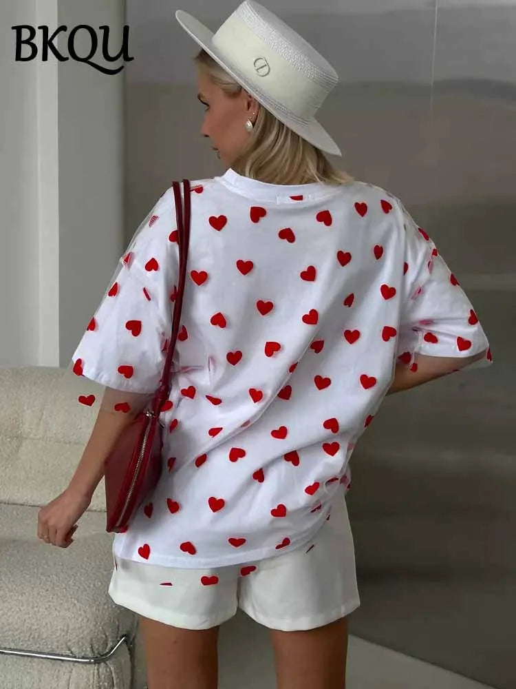 BKQU Sweet Heart Mesh Patchwork T-shirt Women Aesthetic Y2k Clothes Summer Loose Casual O-Neck Short Sleeve Tops Cotton T Shirt
