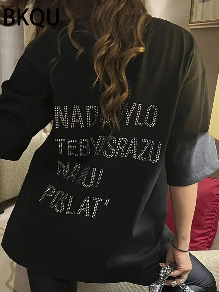 BKQU 2024 Black Oversized T shirts For Women Fashion Letter Rhinestone Short Sleeve O-neck Loose Pullovers Tra Za Clothes Female