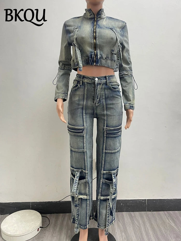 BKQU Cargo Denim Pants Two Piece Sets Women Long Sleeve Zipper Short Jacket Multi-Pocket Straight Jeans Retro High Street Outfit