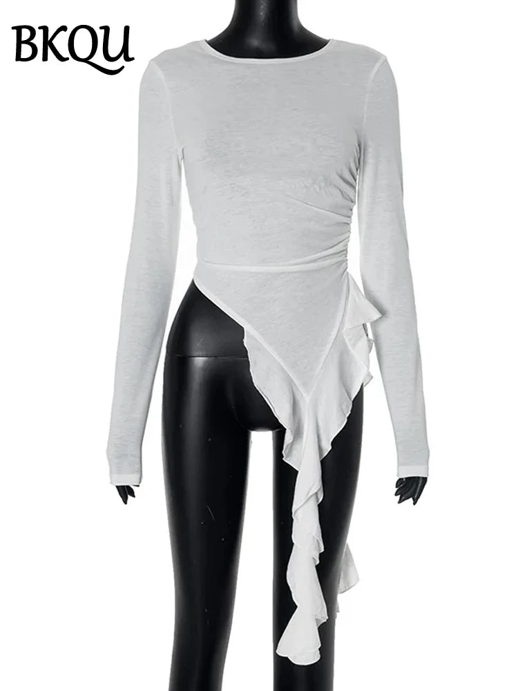 BKQU Ruffles Long Sleeve T-shirt Women Y2K Streetwear Fashion Slim O-neck Crop Tops Elegant Ruched Basic Tees Shirt Autumn 2024