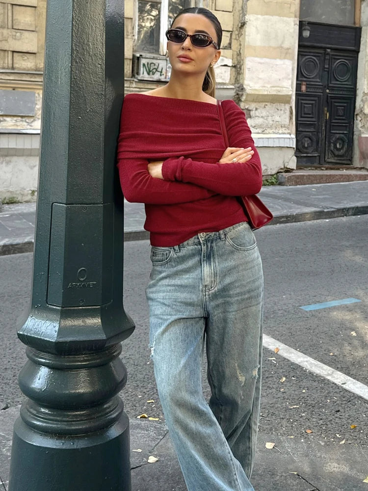 BKQU Knitted Off Shoulder T-Shirts Women Elegant Solid Long Sleeve Pullover Tops Autumn Winter Chic Ruched Ladies Slim Tees 2024