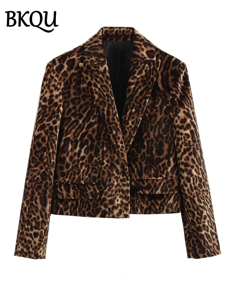 BKQU Leopard Print Blazer Skirt Suit Women Fashion Velvet Long Sleeve Crop Jacket Hip Package Mini Skirt Two Piece Lady Outfits