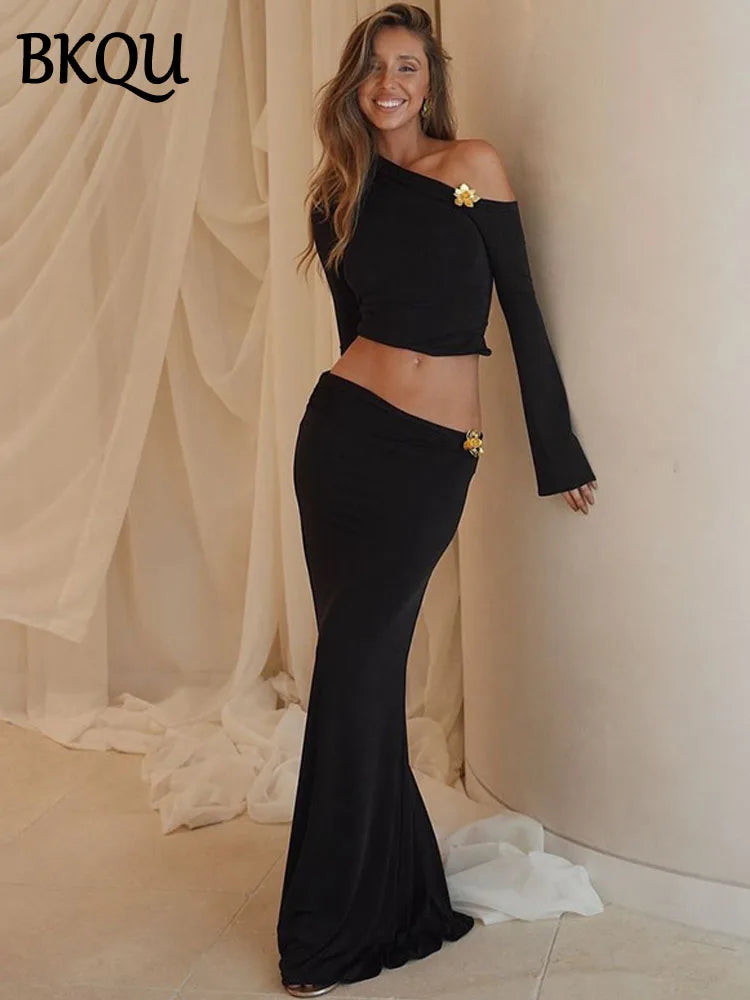 BKQU Metallic Flower Skirt Two Piece Sets Women Sexy Off Shoulder Full Sleeve Crop Top+Ruched Long Skirt Matching Party Outfits