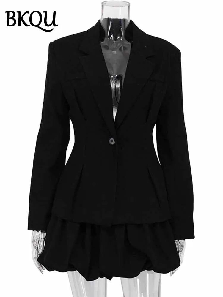 BKQU Elegant Slim Blazer Skirts Set Women 2 Pieces Long Sleeve One Button Coat High Waist Pleated Mini Skirt Sets Fashion 2025