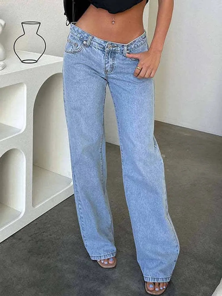 BKQU 2025 Harajuku Baggy Straight Jeans Women Low Waist Y2k Vintage Blue Wide Leg Denim Pants Fashion Basic All-Match Streetwear