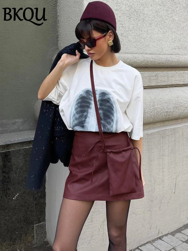 BKQU Fashion Wine Red Leather Mini Skirt Women Vintage High Waist Zipper Slim PU A-Line Short Skirts Autumn Winter 2024 Clothes