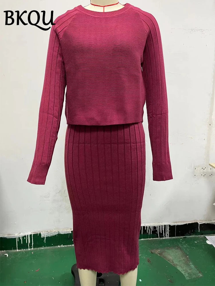 BKQU Knitted Dress Sets Women Sleeveless Square Collar Midi Dress and Long Sleeve O-neck Ribber Sweater Elegant Two Piece Set