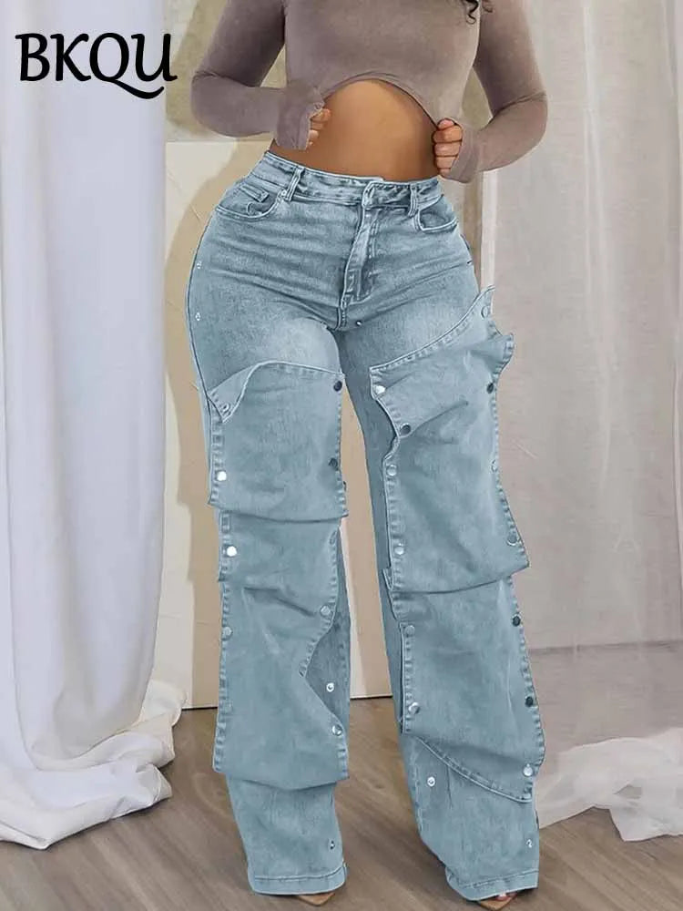 BKQU Cargo Detachable Buttons Straight Denim Pants Women Fashion Retro High Waist Streetwear Elastic Wide Leg Jeans Trouser 2025