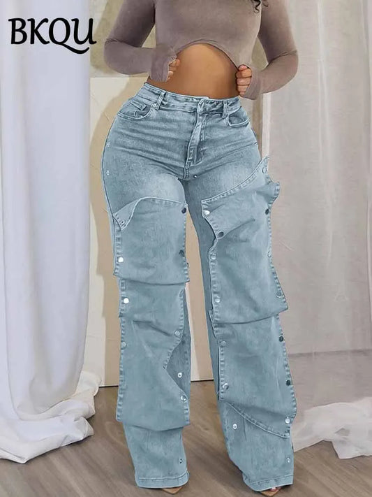 BKQU Cargo Detachable Buttons Straight Denim Pants Women Fashion Retro High Waist Streetwear Elastic Wide Leg Jeans Trouser 2025