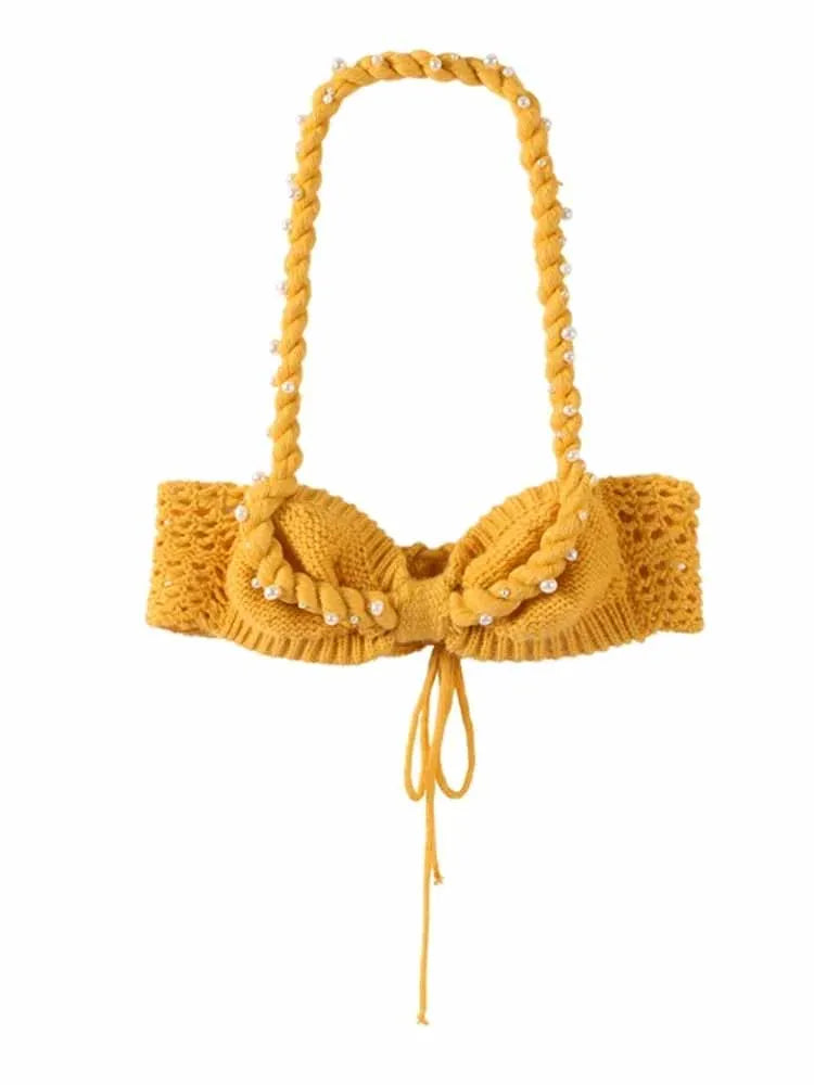 BKQU Twist Sexy Knitted Two Piece Set Women Fashion Pearls Decoration Halter Bikini Tops Mini Skirt Lady Beach Vacation Outfits