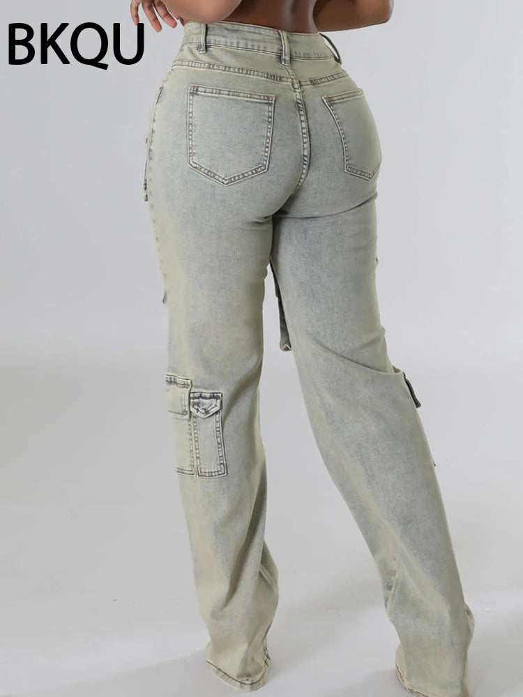 BKQU Fashion Multi-pocket Jeans Women Streetwear Retro Hip-hop Straight High Waist Denim Trousers Zipper Wash Casual Cargo Pants
