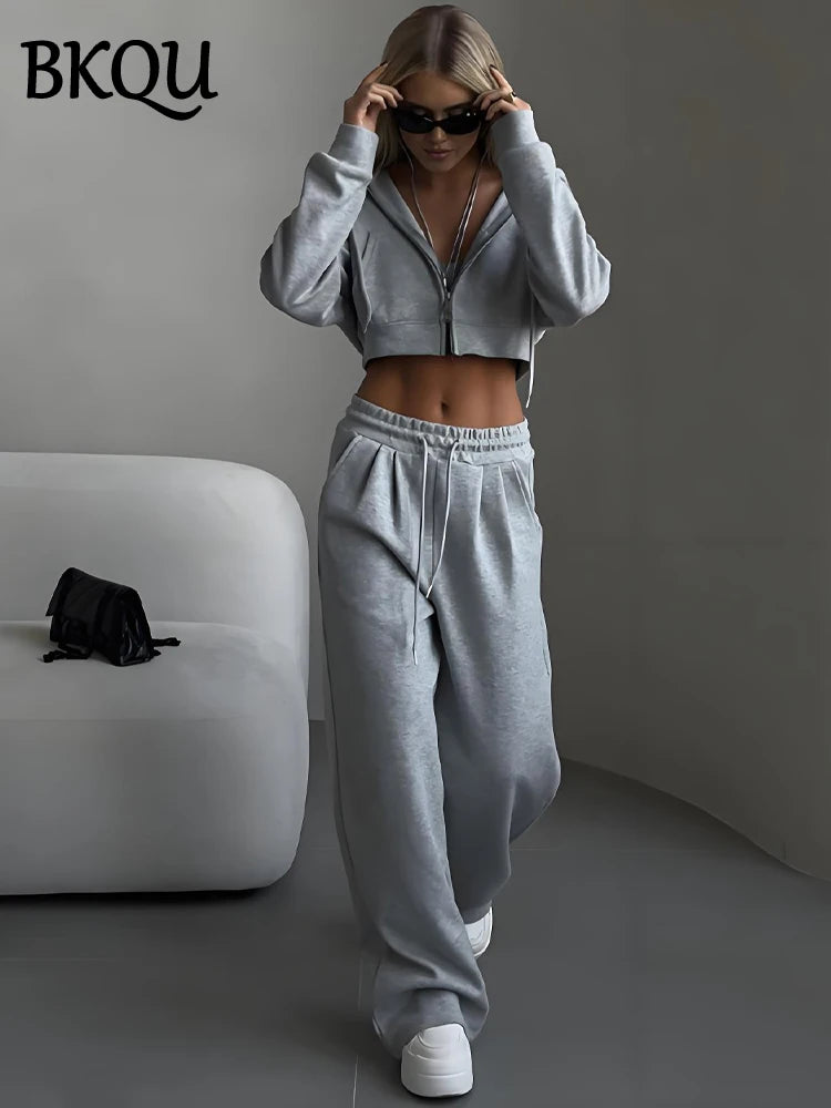 BKQU Fashion Two Piece Women Hoodie Pants Set Casual Long Sleeve Zip Up Jacket Sweatshirt Suit Baggy Sweatpants Woman Tracksuit