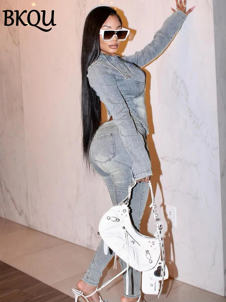 BKQU Denim Two Piece Pants Set Women Long Sleeve Zipper Short Jacket and Skinny Pencil Jeans Matching Suit 2024 Streetwear