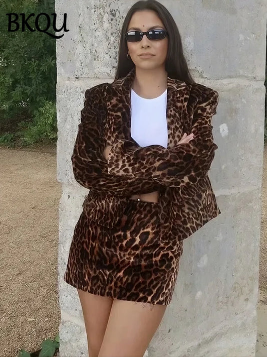 BKQU Leopard Print Blazer Skirt Suit Women Fashion Velvet Long Sleeve Crop Jacket Hip Package Mini Skirt Two Piece Lady Outfits