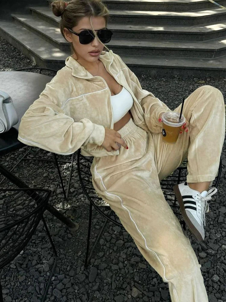 BKQU Solid Velvet Pants 2 Piece Set Women Outfits Casual Zip Up Turtleneck Sweatshirts Elastic Waist Straight Pants Matching Set