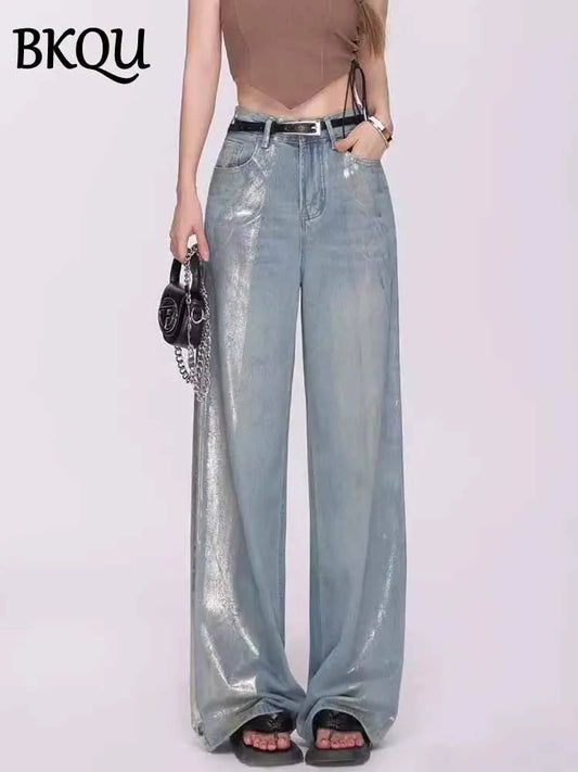 BKQU Aesthetic Metallic Jeans Women Baggy Wide Leg Pants Y2K High Waist Elegant Streetwear Denim Casual Straight Trousers 2025