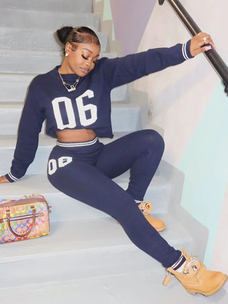 BKQU Casual Knitted Pants Set Women's Number Print O-Neck Long Sleeve Crop Sweater+Skinny Pants Stretch 2 Piece Sets Tracksuits