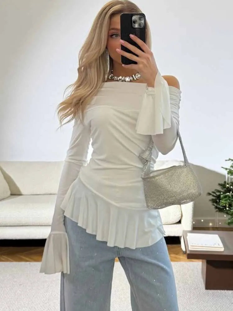 BKQU Elegant White Ruffled T-shirt Women Sexy One Shoulder Long Sleeve Slim Pullover Tops 2025 New Spring Y2k Casual Streetwear