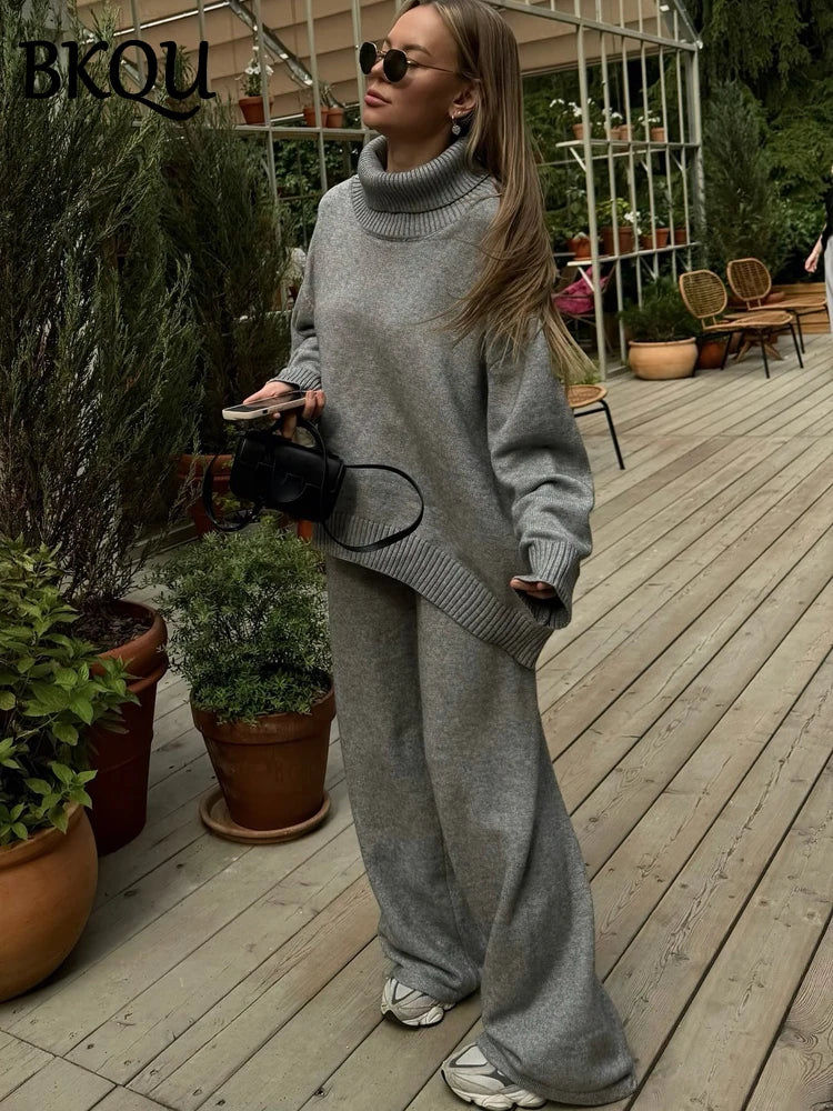 BKQU Autumn Winter Knitted 2 Pieces Women Sets Turtleneck Sweater Wide Leg Pants Suit Commute Street Lady Warm Tracksuit Outfits