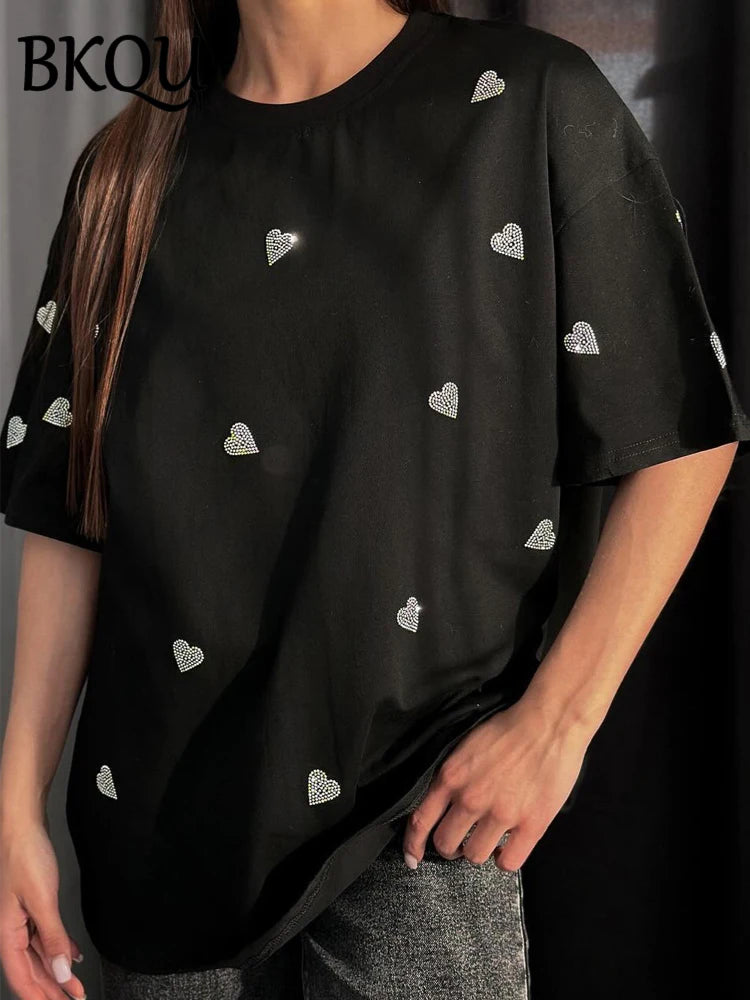 BKQU Black T shirts for Women 2024 High Street Letter Rhinestone Loose O-neck Tees Top Short Sleeve Hot Diamonds Tassel Pullover
