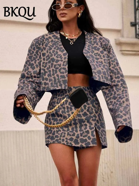 BKQU 2 Pieces Fashion Leopard Print Skirts Sets Women Long Sleeve Crop Jacket And High Waist Side Slit Mini Skirts Outfits 2025