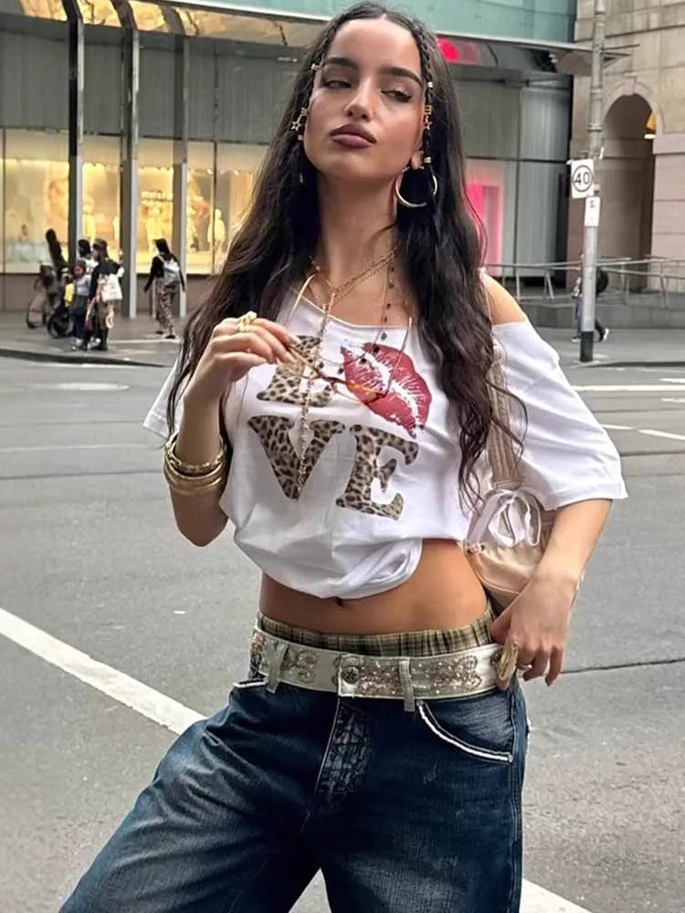 BKQU Aesthetic Y2k Crop Tops Women Leopard Letter Print Summer V Neck Short Sleeve T-Shirt 2000s E-Girl Streetwear Slim Baby Tee
