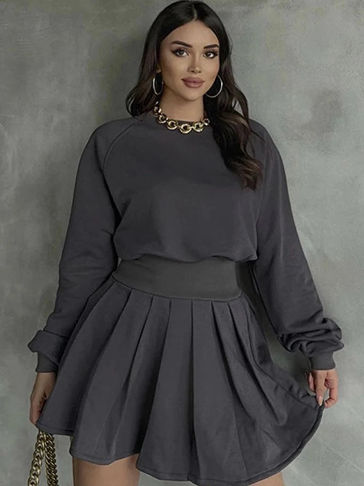 BKQU Pleated Skirt 2 Piece Set Women Casual Tracksuit Long Sleeves Sweatshirt and High Waist Mini Skirts Matching Outfits Autumn