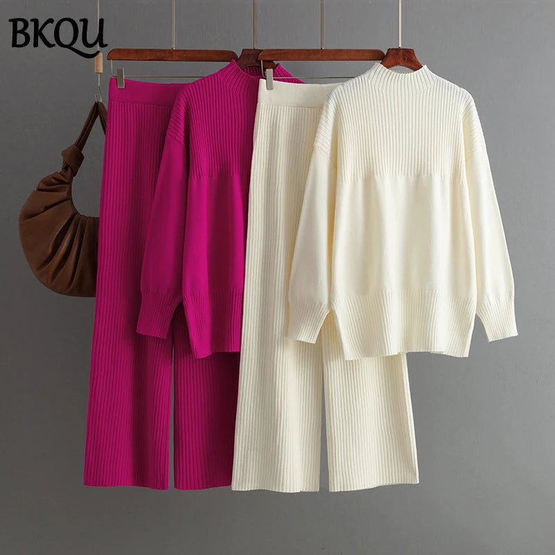 BKQU Loose Knitted 2 Pieces Women Sets Half Turtleneck Split Sweater and Wide Leg Pants Suits Winter Autumn Warm Knit Tracksuit