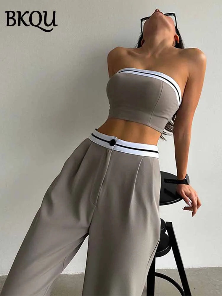 BKQU Strapless Vest Pants 2 Piece Set Women's 2025 Summer Contrast Sports Tube Bra + Wide Leg Trousers Casual Lady Street Outfit
