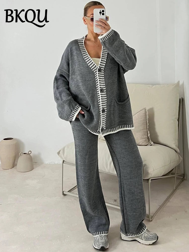 BKQU Knitted Two Piece Sets Women V-neck Button Cardigan Sweater Casual Wide Leg Pants Suits Autumn Winter Lady Tracksuit Outfit
