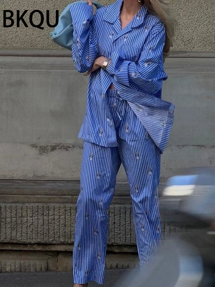 BKQU Striped Pants Set Women Fashion Cartoon Printed Long Sleeve Loose T shirts and High Waist Wide Leg Pant Two Piece Sets 2024