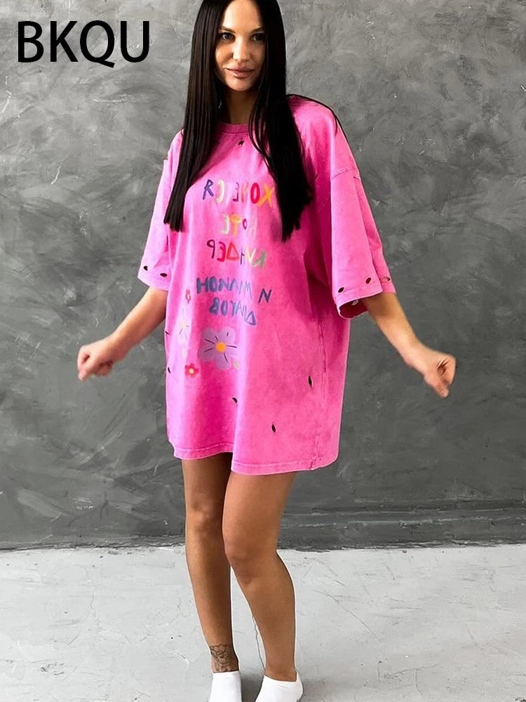 BKQU Cut Out Oversized Letter Printed T Shirts Women 2024 Summer Short Sleeve O-neck Loose Tees Flower Graphic 2000s Tops Shirt